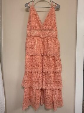 Just Me Coral Lace Tiered V-Neck Midi Dress